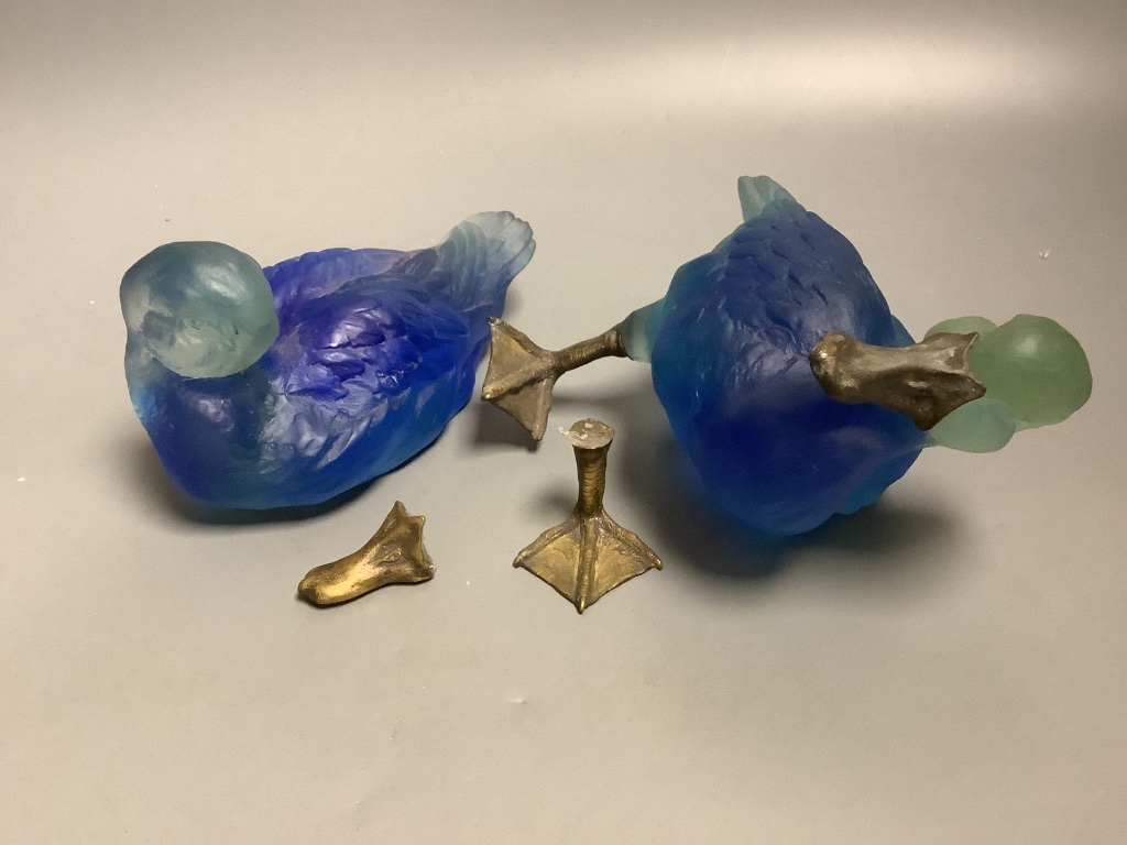 Two blue glass Daum ducks, signed